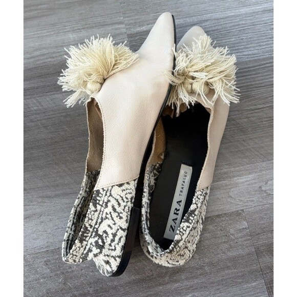 Zara Leather Ballet Flats Size 41 US 10 Fringe Pom Pointed Toe Shoes - Picture 7 of 8